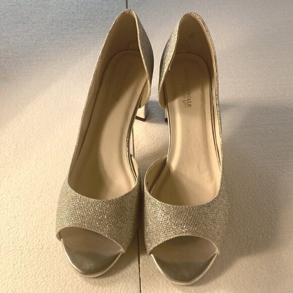 Benjamin Walk SZ 10.5 W Joy Silver Glitter Slip on Peep Toe Block Heel Pump - Picture 5 of 13